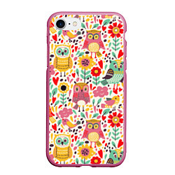 Чехол iPhone 7/8 матовый Красочные совы и цветы, цвет: 3D-малиновый