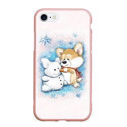 Чехол iPhone 7/8 матовый Корги и снеговик, цвет: 3D-светло-розовый