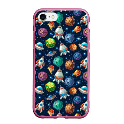 Чехол iPhone 7/8 матовый Мультяшные планеты, цвет: 3D-малиновый