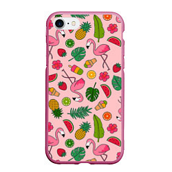 Чехол iPhone 7/8 матовый Фламинго Лето, цвет: 3D-малиновый