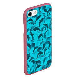 Чехол iPhone 7/8 матовый Синий камуфляж с дельфинами, цвет: 3D-малиновый — фото 2