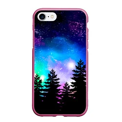 Чехол iPhone 7/8 матовый Космический лес, елки и звезды, цвет: 3D-малиновый