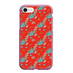 Чехол iPhone 7/8 матовый Морские коньки паттерн, цвет: 3D-малиновый