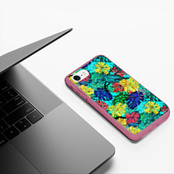 Чехол iPhone 7/8 матовый Тропические растения на бирюзовом фоне, цвет: 3D-малиновый — фото 2