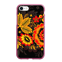 Чехол iPhone 7/8 матовый Хохломская Роспись Цветы На Тёмном Фоне, цвет: 3D-малиновый