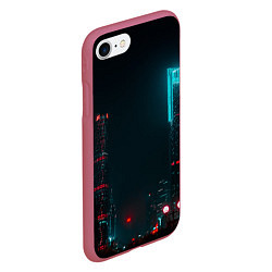Чехол iPhone 7/8 матовый Неоновые высотки в городе - Светло-синий, цвет: 3D-малиновый — фото 2