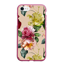 Чехол iPhone 7/8 матовый Цветы Нарисованные Красные Розы и Лилии, цвет: 3D-малиновый