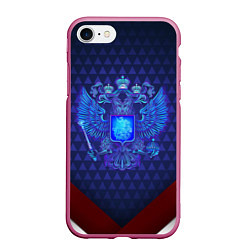 Чехол iPhone 7/8 матовый Синий неоновый герб России, цвет: 3D-малиновый