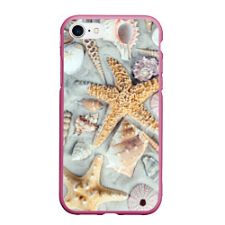 Чехол iPhone 7/8 матовый Морские звёзды и ракушки на океанском песке, цвет: 3D-малиновый