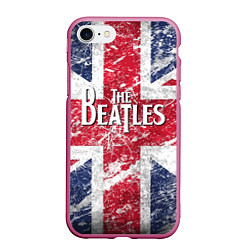 Чехол iPhone 7/8 матовый The Beatles - лого на фоне флага Великобритании, цвет: 3D-малиновый