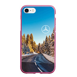 Чехол iPhone 7/8 матовый Мерседес - зимняя дорога через лес, цвет: 3D-малиновый
