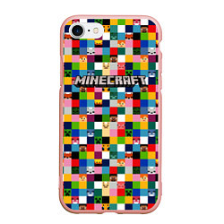 Чехол iPhone 7/8 матовый Minecraft - пиксельные персонажи, цвет: 3D-светло-розовый