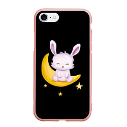 Чехол iPhone 7/8 матовый Крольчонок сидит на месяце на чёрном фоне, цвет: 3D-светло-розовый