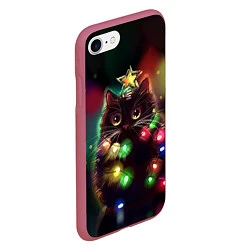 Чехол iPhone 7/8 матовый Новогодний котик с гирляндой, цвет: 3D-малиновый — фото 2