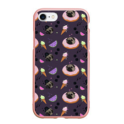 Чехол iPhone 7/8 матовый Паттерн с мопсами и едой, цвет: 3D-светло-розовый