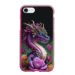 Чехол iPhone 7/8 матовый Неоновый дракон с цветами, цвет: 3D-малиновый