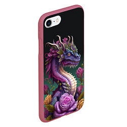 Чехол iPhone 7/8 матовый Неоновый дракон с цветами, цвет: 3D-малиновый — фото 2