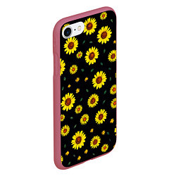 Чехол iPhone 7/8 матовый Желтые ромашки на черном, цвет: 3D-малиновый — фото 2