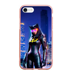 Чехол iPhone 7/8 матовый Cat girl on the background of a megalopolis, цвет: 3D-светло-розовый