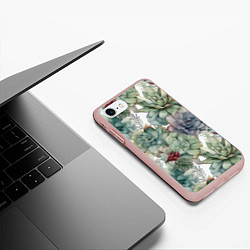 Чехол iPhone 7/8 матовый Акварельные суккуленты - паттерн, цвет: 3D-светло-розовый — фото 2