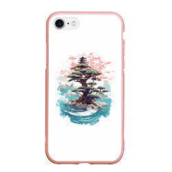 Чехол iPhone 7/8 матовый Японское дерево и пагода в море, цвет: 3D-светло-розовый