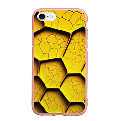 Чехол iPhone 7/8 матовый Желтые шестиугольники с трещинами - объемная текст, цвет: 3D-светло-розовый