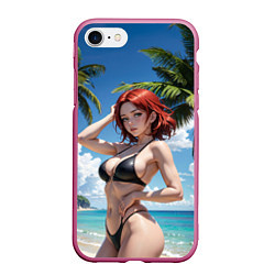 Чехол iPhone 7/8 матовый Девушка с рыжими волосами на пляже, цвет: 3D-малиновый
