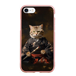 Чехол iPhone 7/8 матовый Кот самурай на темном фоне, цвет: 3D-светло-розовый