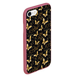 Чехол iPhone 7/8 матовый Золотые бабочки на черном фоне, цвет: 3D-малиновый — фото 2
