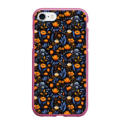 Чехол iPhone 7/8 матовый Цветы на темном фоне узор, цвет: 3D-малиновый