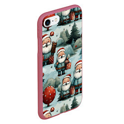 Чехол iPhone 7/8 матовый Рождественский узор с Санта Клаусами, цвет: 3D-малиновый — фото 2