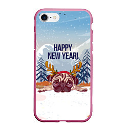 Чехол iPhone 7/8 матовый Мопс с оленьими рогами, цвет: 3D-малиновый