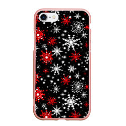 Чехол iPhone 7/8 матовый Белые и красные снежинки на черном фоне - нейросет, цвет: 3D-светло-розовый