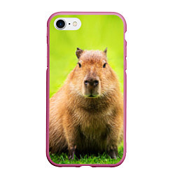 Чехол iPhone 7/8 матовый Capybara on green grass, цвет: 3D-малиновый