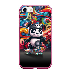 Чехол iPhone 7/8 матовый Панда - крутой скейтбордист на фоне граффити, цвет: 3D-малиновый