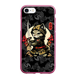Чехол iPhone 7/8 матовый Кот - японский самурай, цвет: 3D-малиновый