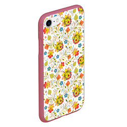 Чехол iPhone 7/8 матовый Хохломская роспись разноцветные цветы на белом фон, цвет: 3D-малиновый — фото 2