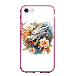 Чехол iPhone 7/8 матовый Китайский дракон в цветах сакуры, цвет: 3D-малиновый