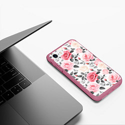 Чехол iPhone 7/8 матовый Розовые розы и серые листочки - паттерн, цвет: 3D-малиновый — фото 2