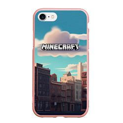 Чехол iPhone 7/8 матовый Minecraft город и лого, цвет: 3D-светло-розовый