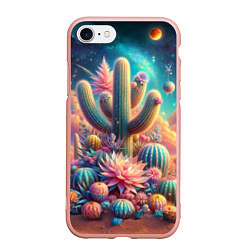 Чехол iPhone 7/8 матовый Кактусы цветущие под космическим небом, цвет: 3D-светло-розовый