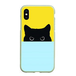 Чехол iPhone XS Max матовый Черный кот выглядывает, цвет: 3D-салатовый