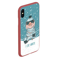 Чехол iPhone XS Max матовый Pig: I love winter, цвет: 3D-красный — фото 2