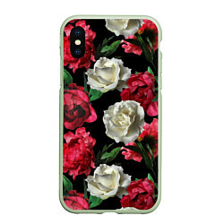 Чехол iPhone XS Max матовый Красные и белые розы, цвет: 3D-салатовый