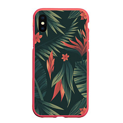 Чехол iPhone XS Max матовый Тропический комуфляж, цвет: 3D-красный