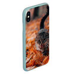 Чехол iPhone XS Max матовый Мяукающий кот осенние листья, цвет: 3D-мятный — фото 2