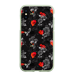 Чехол iPhone XS Max матовый Красные цветы, цвет: 3D-салатовый