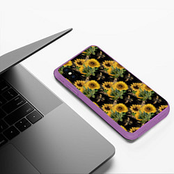 Чехол iPhone XS Max матовый Fashion Sunflowers and bees, цвет: 3D-фиолетовый — фото 2