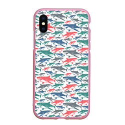 Чехол iPhone XS Max матовый Разноцветные Акулы, цвет: 3D-розовый