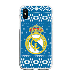 Чехол iPhone XS Max матовый Реал Мадрид Новогодний, цвет: 3D-белый